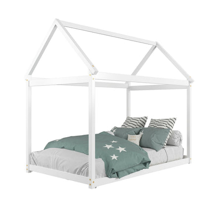 Durable Twin Platform Kids Bed with Roof and Heavy-Duty Slats – White