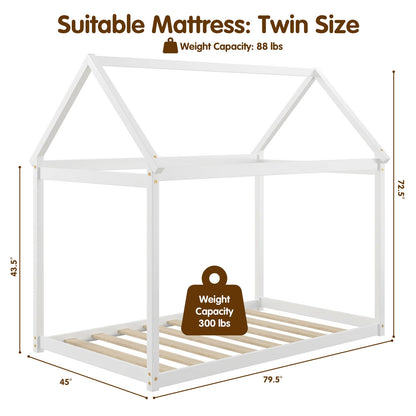 Durable Twin Platform Kids Bed with Roof and Heavy-Duty Slats – White