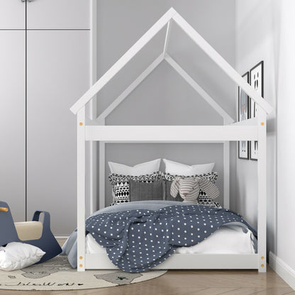 Durable Twin Platform Kids Bed with Roof and Heavy-Duty Slats – White