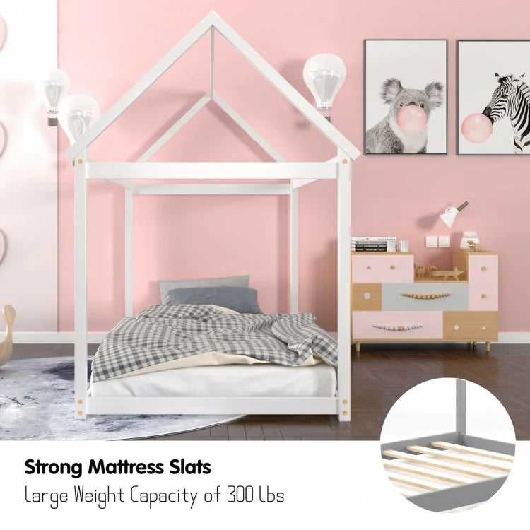 Durable Twin Platform Kids Bed with Roof and Heavy-Duty Slats – White