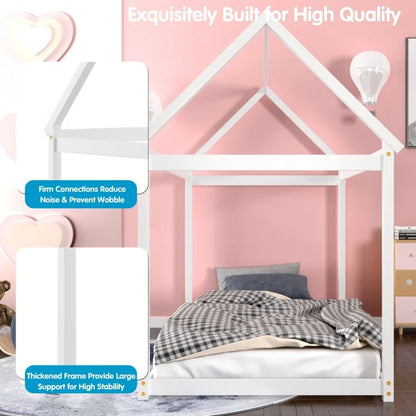 Durable Twin Platform Kids Bed with Roof and Heavy-Duty Slats – White