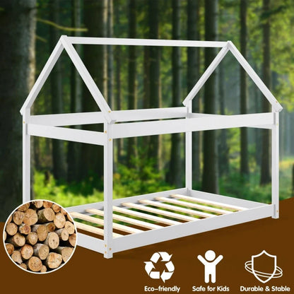 Durable Twin Platform Kids Bed with Roof and Heavy-Duty Slats – White