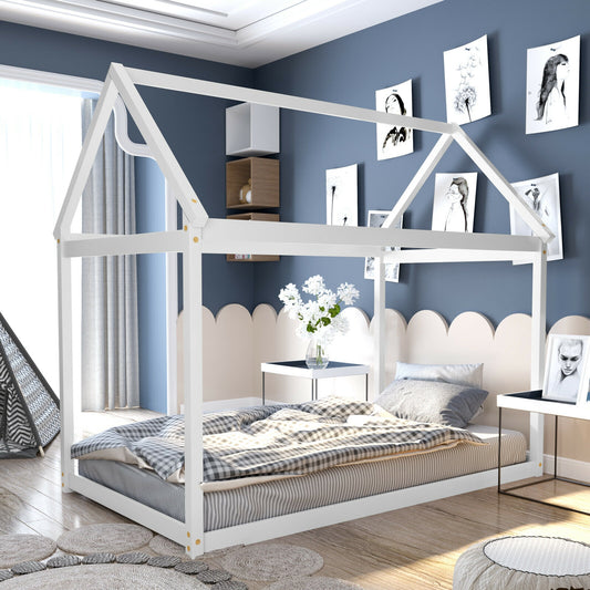 Durable Twin Platform Kids Bed with Roof and Heavy-Duty Slats – White