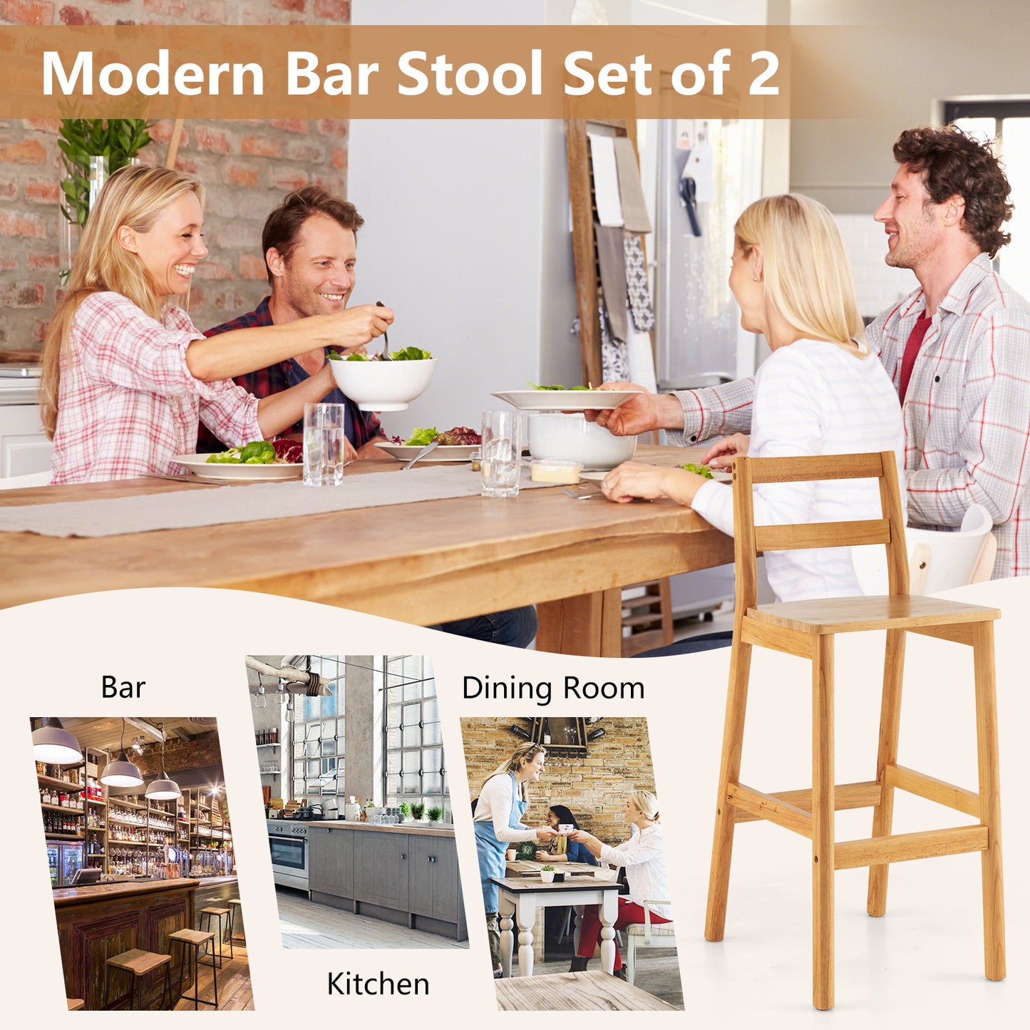 28 Inch Armless Bar Stools with Backrest and Footrest, Set of 2 Solid Wood Chairs
