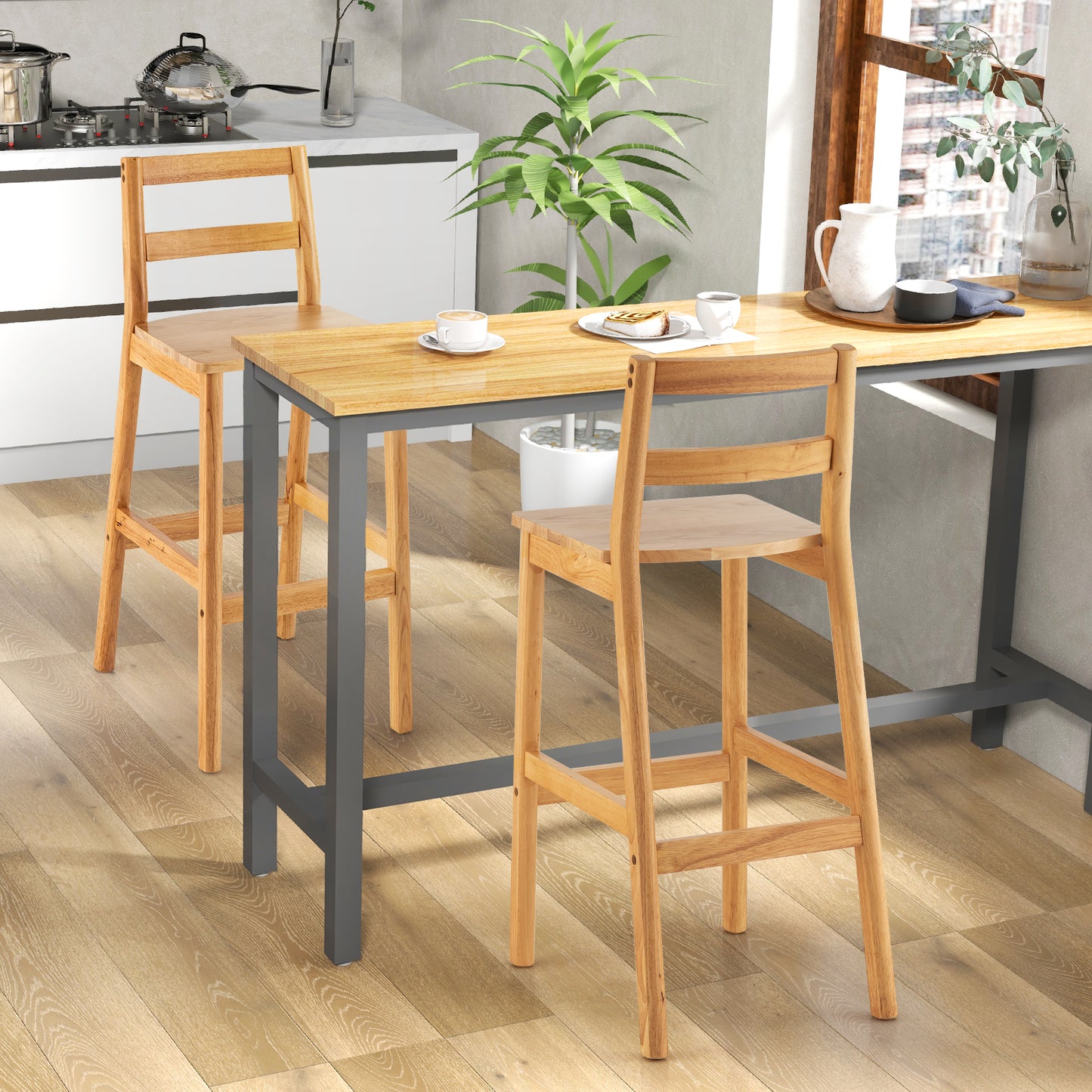 28 Inch Armless Bar Stools with Backrest and Footrest, Set of 2 Solid Wood Chairs