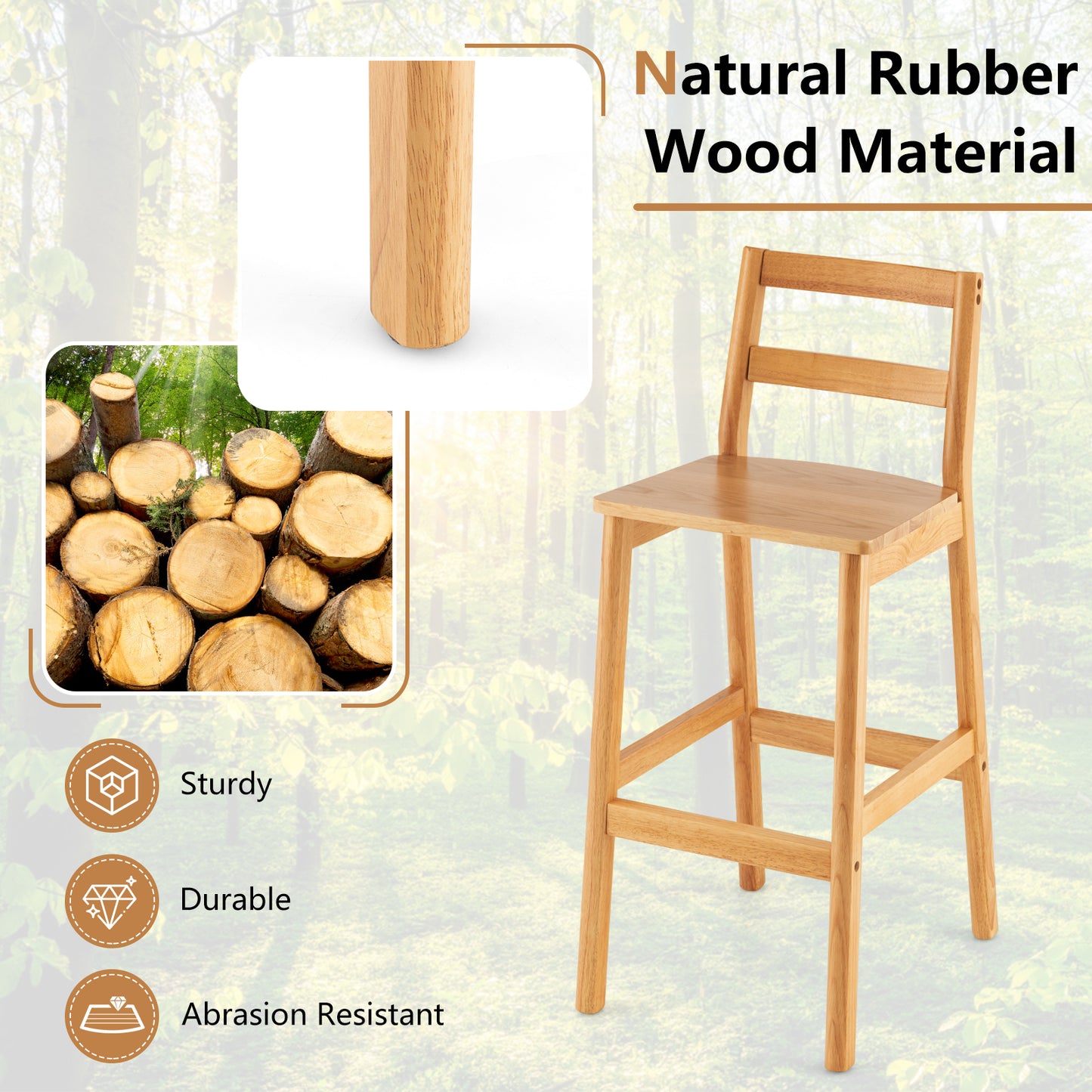 28 Inch Armless Bar Stools with Backrest and Footrest, Set of 2 Solid Wood Chairs