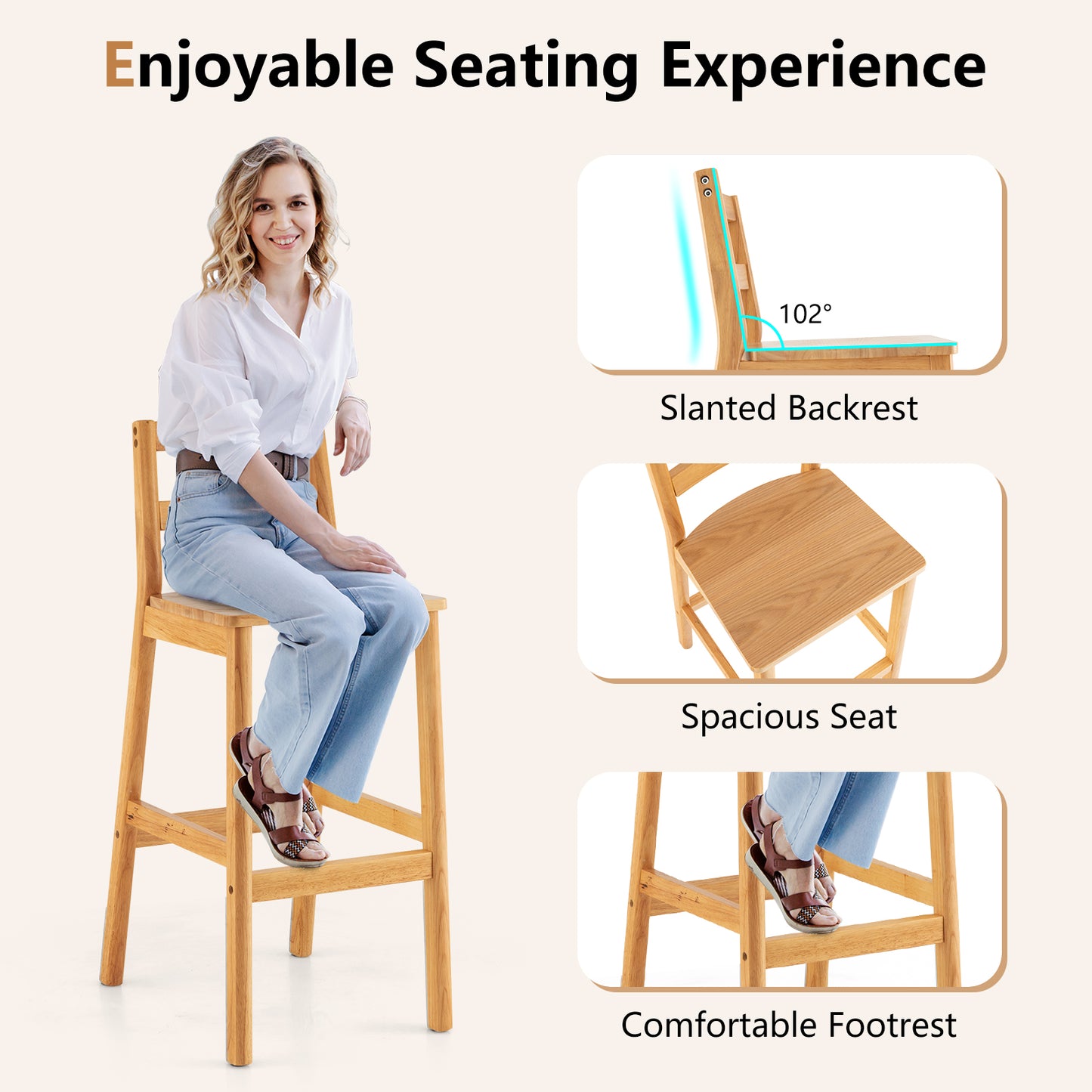 28 Inch Armless Bar Stools with Backrest and Footrest, Set of 2 Solid Wood Chairs