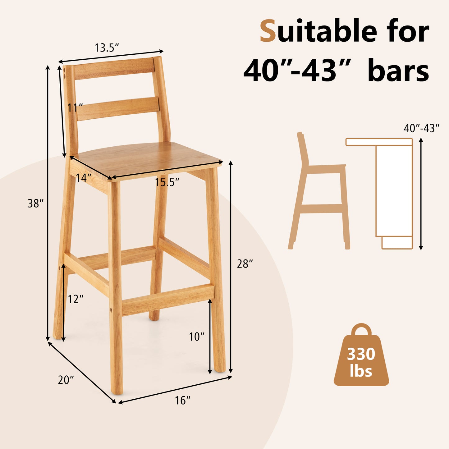 28 Inch Armless Bar Stools with Backrest and Footrest, Set of 2 Solid Wood Chairs