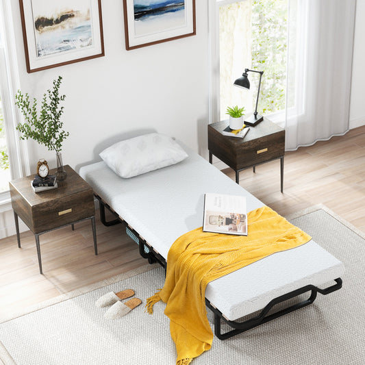 Portable Twin Folding Bed with Foam Mattress and Lockable Wheels