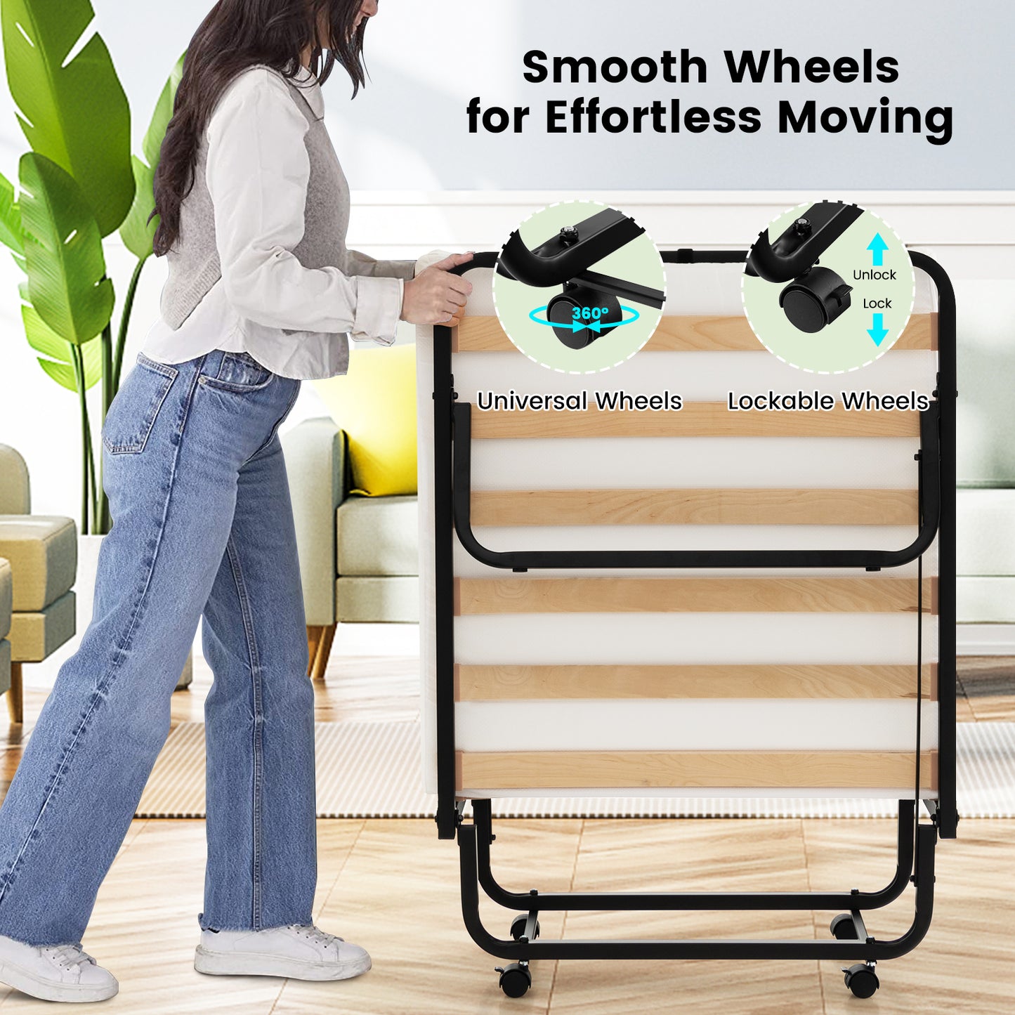 Portable Twin Folding Bed with Foam Mattress and Lockable Wheels