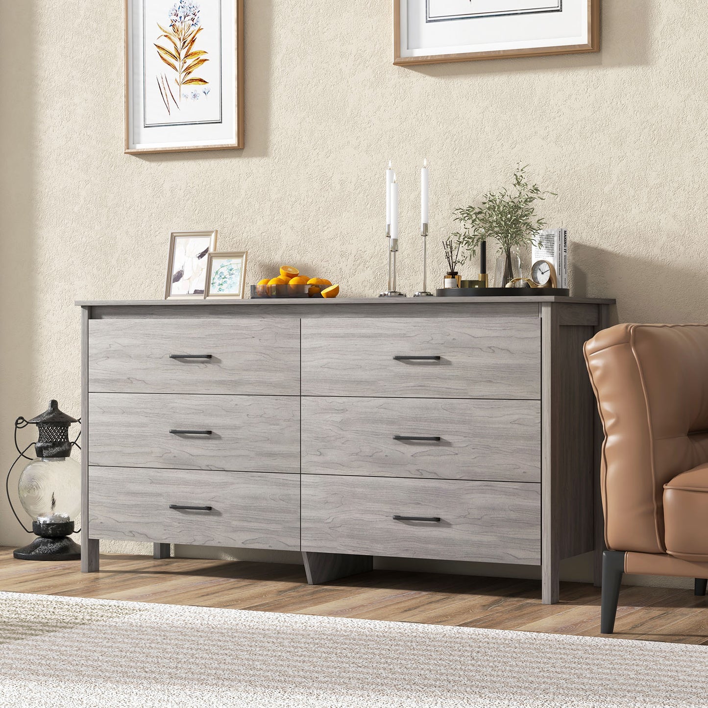 Modern 6 Drawer Dresser with Center Support and Anti-Tip Kit – Grey