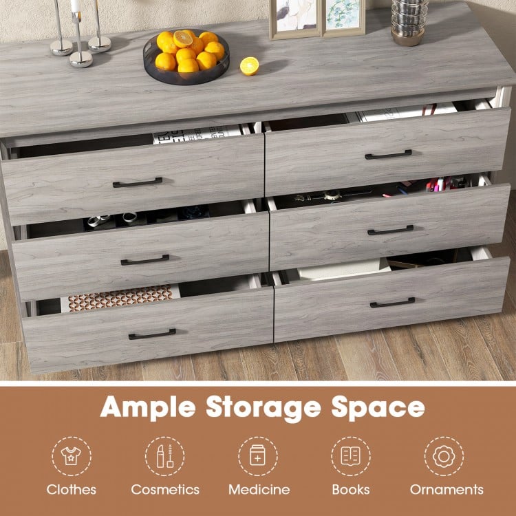 Modern 6 Drawer Dresser with Center Support and Anti-Tip Kit – Grey