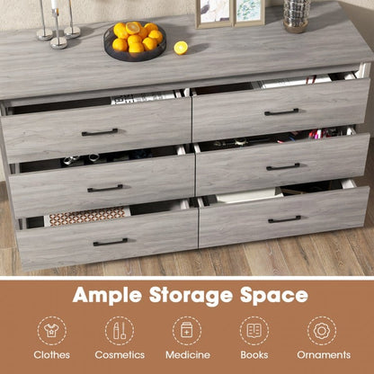Modern 6 Drawer Dresser with Center Support and Anti-Tip Kit – Grey