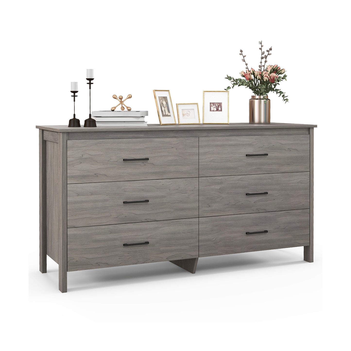 Modern 6 Drawer Dresser with Center Support and Anti-Tip Kit – Grey