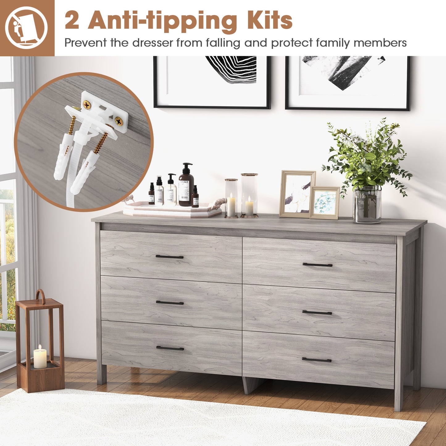 Modern 6 Drawer Dresser with Center Support and Anti-Tip Kit – Grey