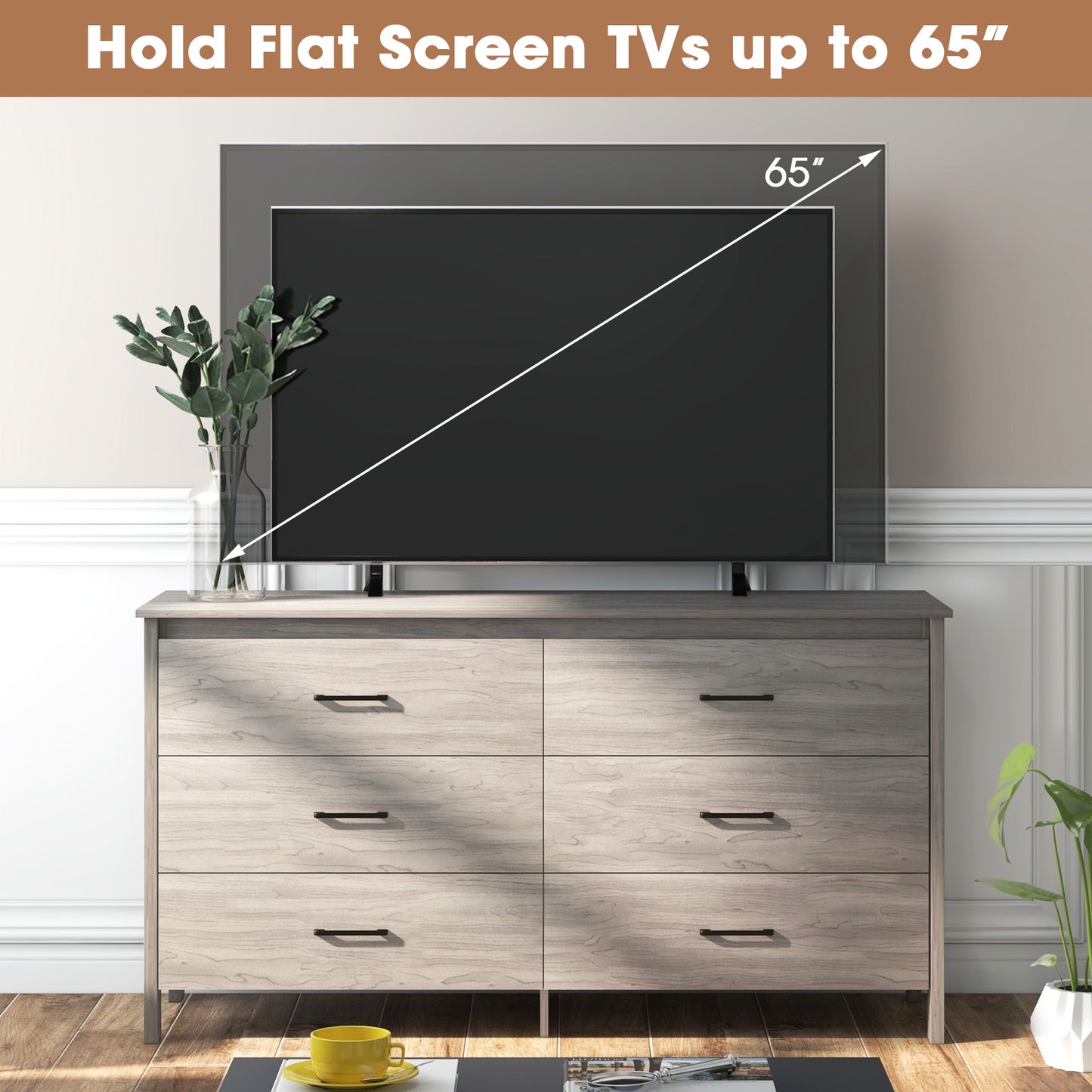 Modern 6 Drawer Dresser with Center Support and Anti-Tip Kit – Grey