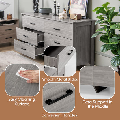 Modern 6 Drawer Dresser with Center Support and Anti-Tip Kit – Grey