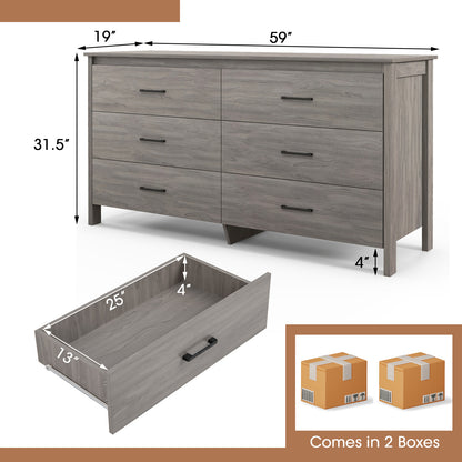 Modern 6 Drawer Dresser with Center Support and Anti-Tip Kit – Grey