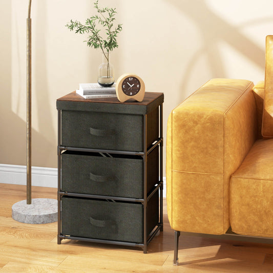 Modern Fabric Nightstand with 3 Storage Drawers and Sturdy Frame - Black