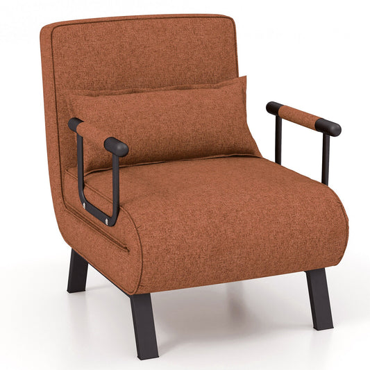 6 Position Folding Sleeper Armchair with Pillow and Sturdy Metal Frame in Brown