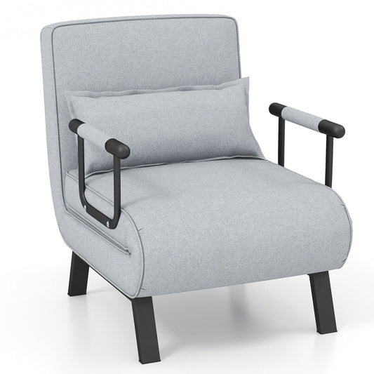 6 Position Folding Sleeper Armchair with Pillow and Sturdy Metal Frame in Light Grey
