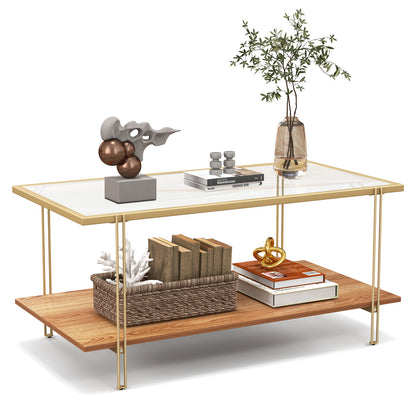 Elegant Glass Coffee Table with Two Tier Storage and Gold Metal Frame Rectangular Shape