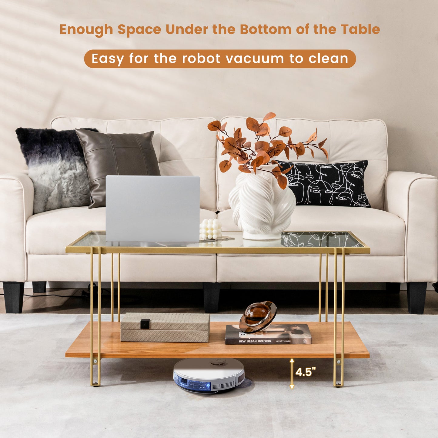 Elegant Glass Coffee Table with Two Tier Storage and Gold Metal Frame Rectangular Shape