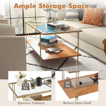 Elegant Glass Coffee Table with Two Tier Storage and Gold Metal Frame Rectangular Shape