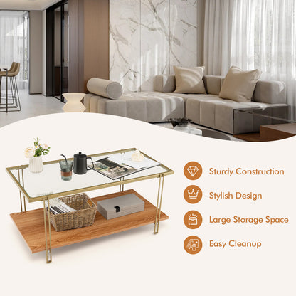 Elegant Glass Coffee Table with Two Tier Storage and Gold Metal Frame Rectangular Shape