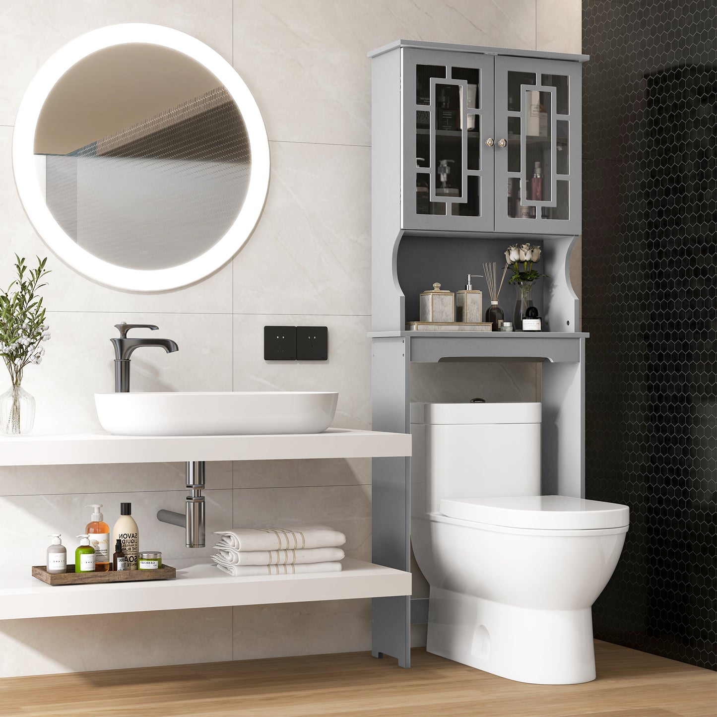 Over-the-Toilet Bathroom Spacesaver Cabinet with Door Storage