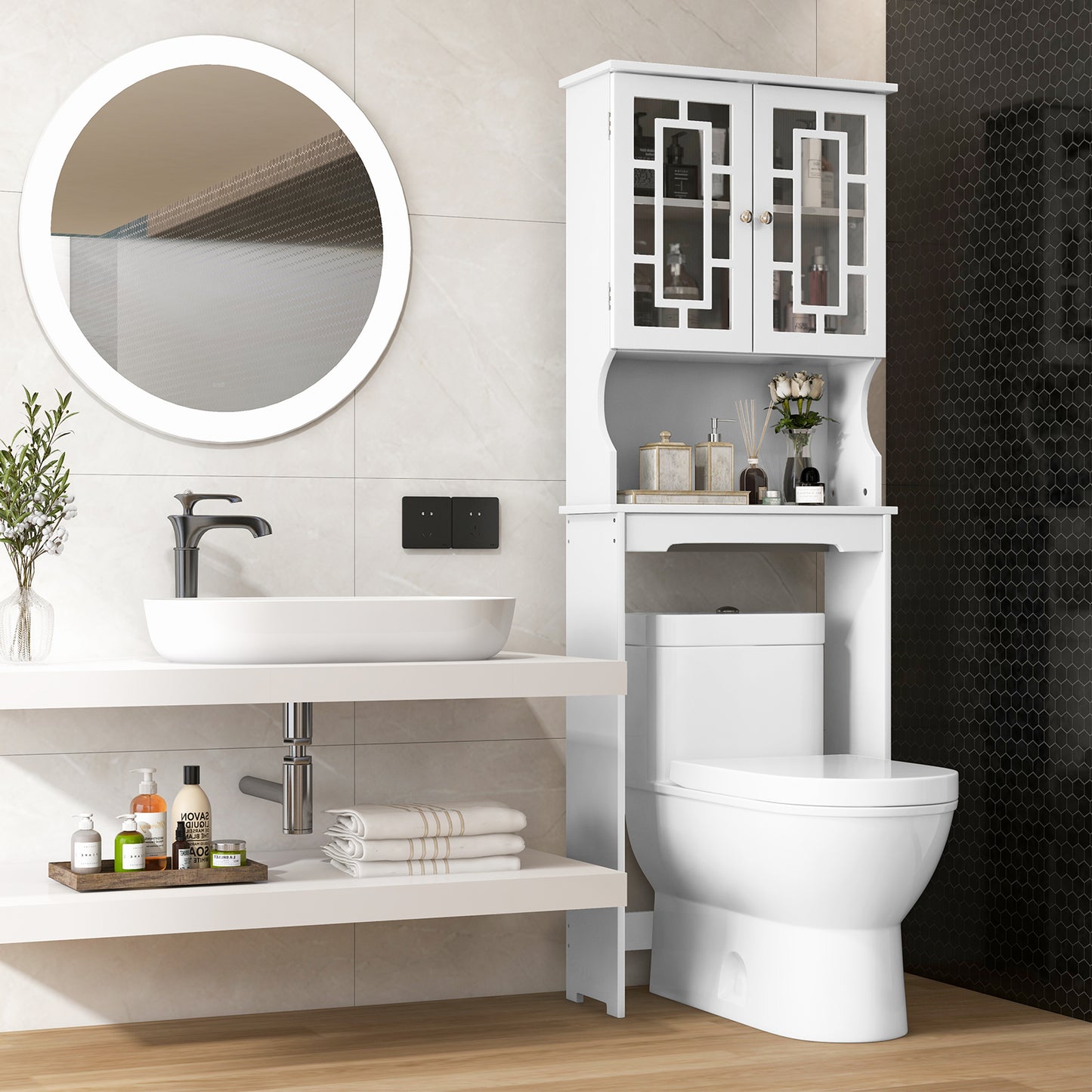 Over-the-Toilet Bathroom Spacesaver Cabinet with Door Storage