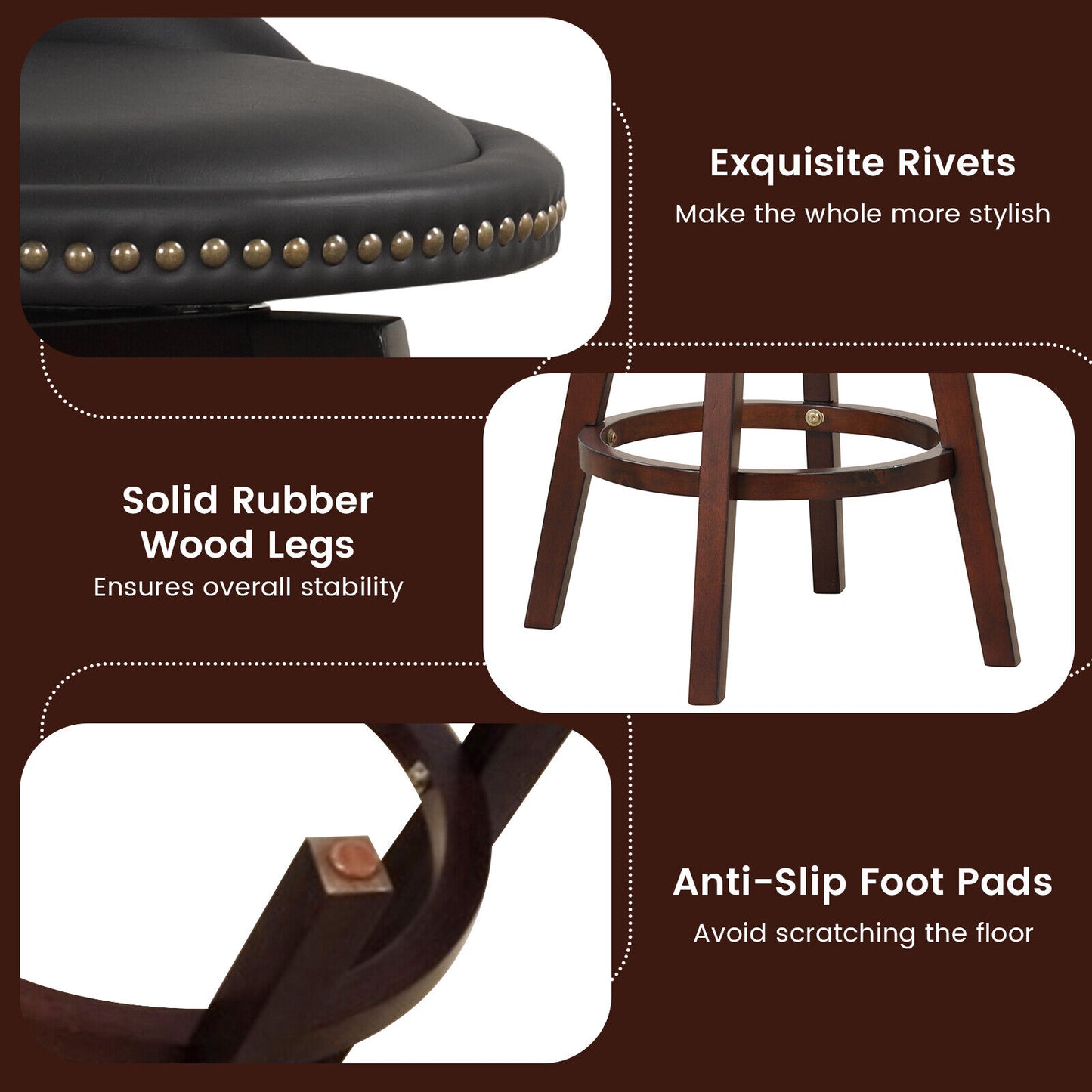 Set of 2 Swivel Bar Stools with Cushioned Seats and Low Backrest
