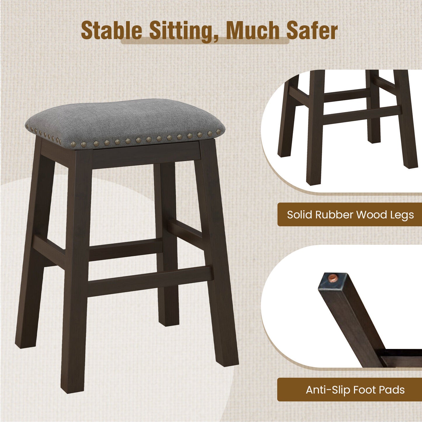 Set of 2 Counter Height Bar Stools with Padded Seats 24.5 Inch