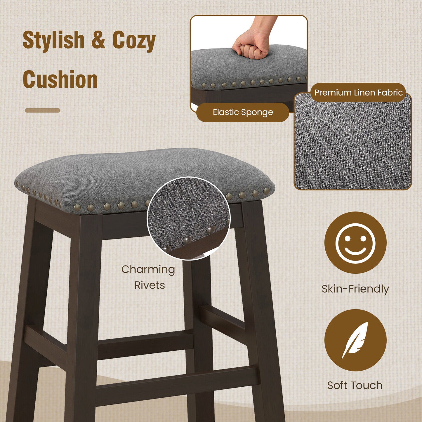Set of 2 Counter Height Bar Stools with Padded Seats 24.5 Inch