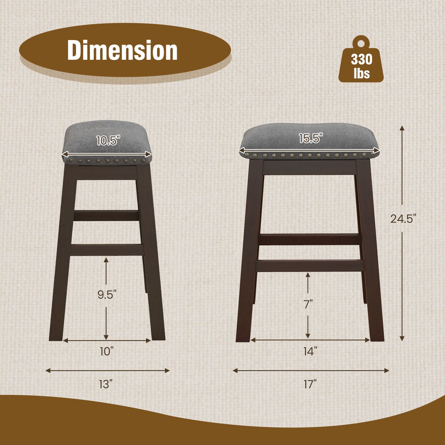 Set of 2 Counter Height Bar Stools with Padded Seats 24.5 Inch
