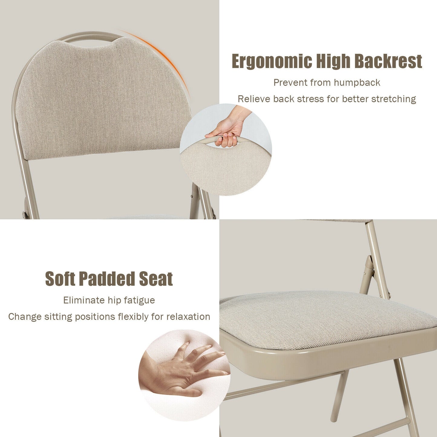 Set of 6 Portable Folding Chairs with Padded Seats for Office Kitchen Dining - Beige