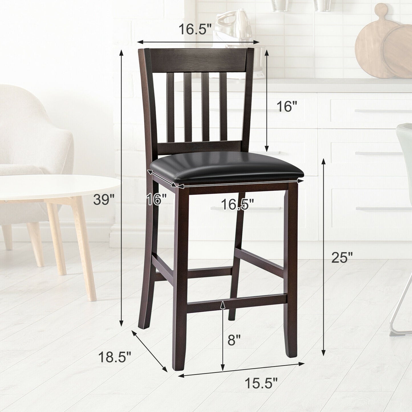 Set of 2 Counter Height Bar Stools with Rubber Wood Legs and Cushioned Seats 25 Inch