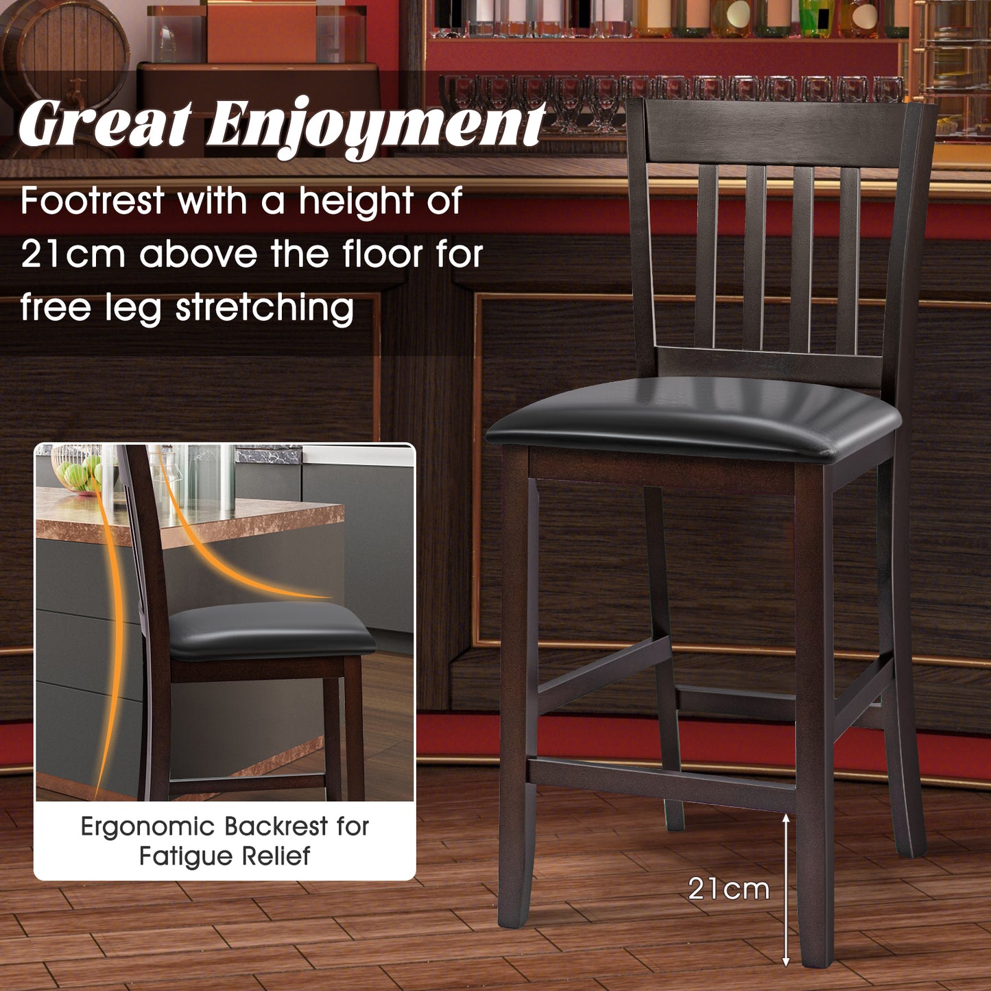 Set of 2 Counter Height Bar Stools with Rubber Wood Legs and Cushioned Seats 25 Inch