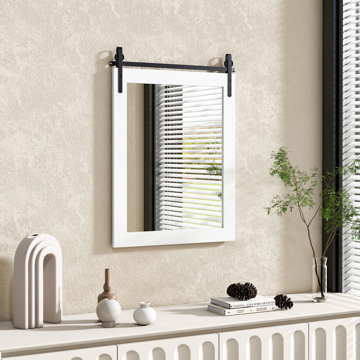 30 x 22 Inch Rustic Wall-Mounted Mirror with Solid Wood Frame and Metal Bracket - White