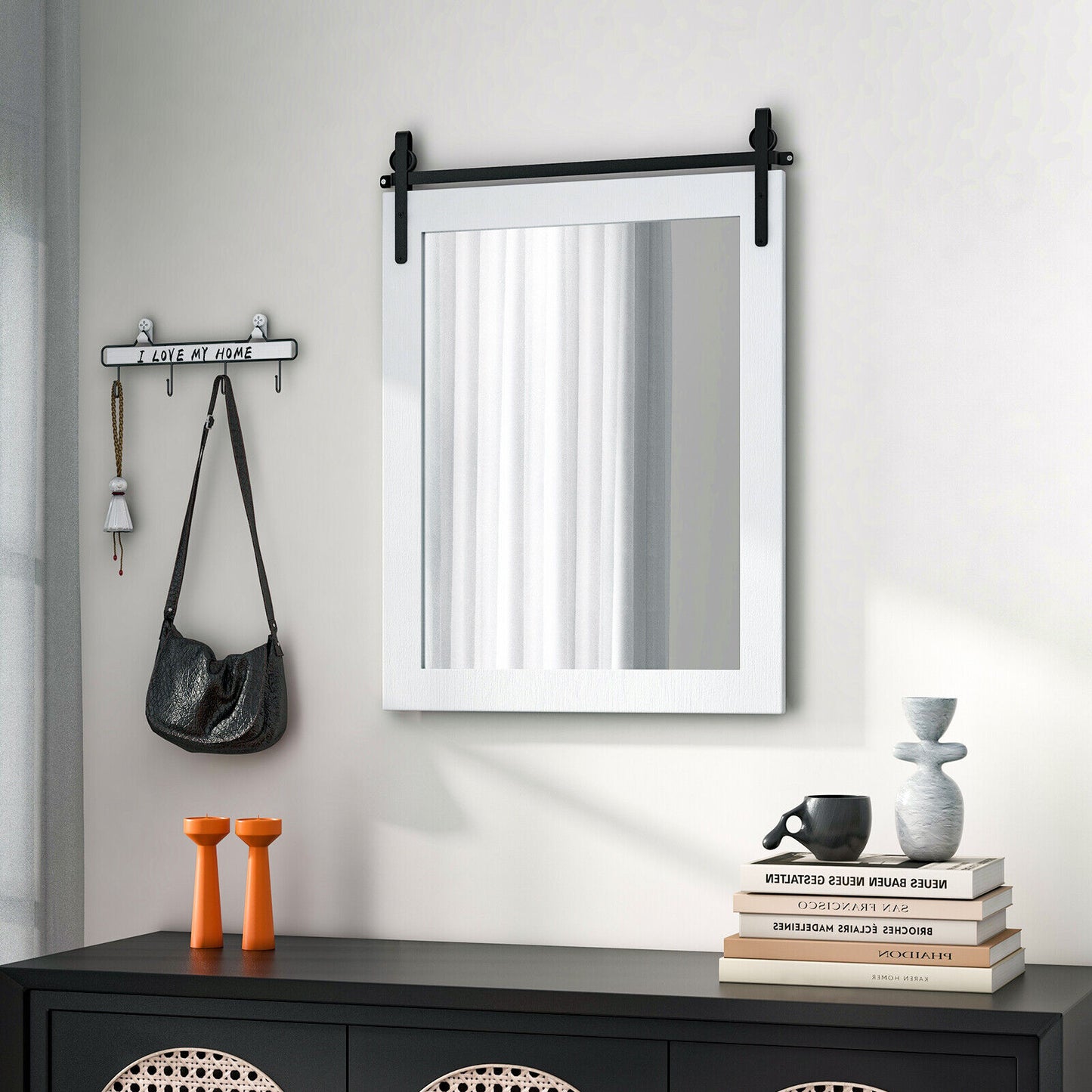 30 x 22 Inch Rustic Wall-Mounted Mirror with Solid Wood Frame and Metal Bracket - White