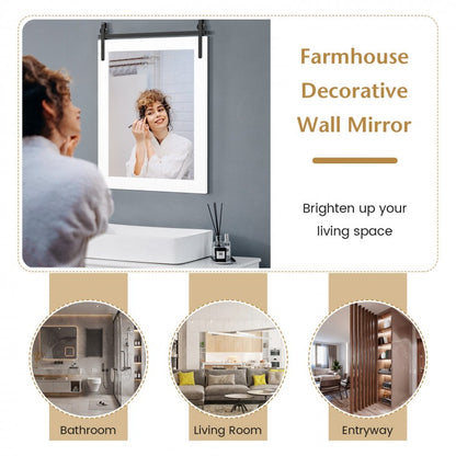 30 x 22 Inch Rustic Wall-Mounted Mirror with Solid Wood Frame and Metal Bracket - White