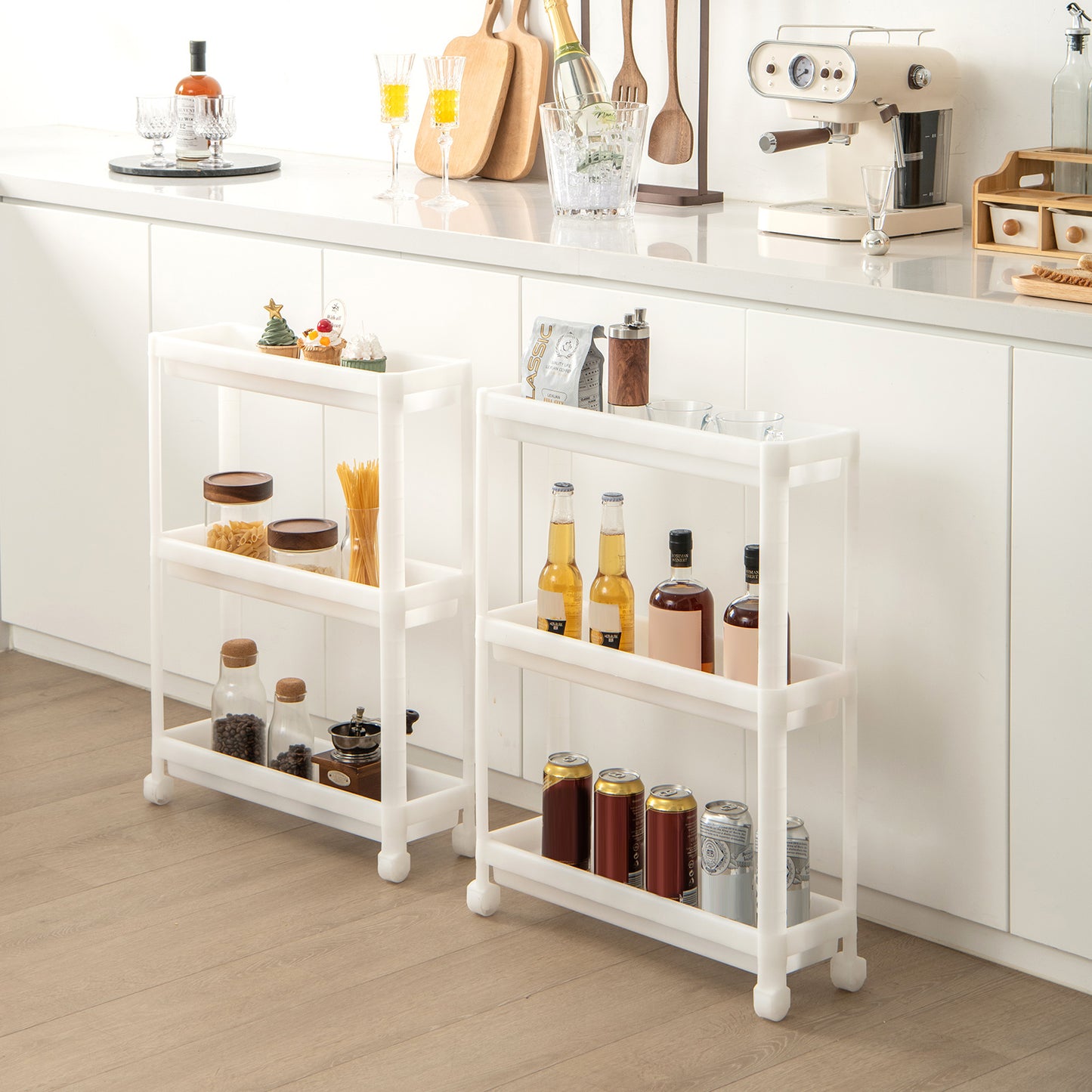 Set of 2 Slim 3-Tier Rolling Storage Carts with Detachable Shelves and Drainage Holes