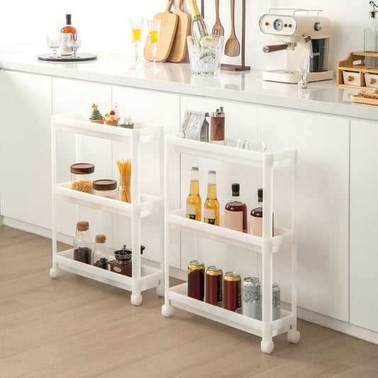 Set of 2 Slim 3-Tier Rolling Storage Carts with Detachable Shelves and Drainage Holes