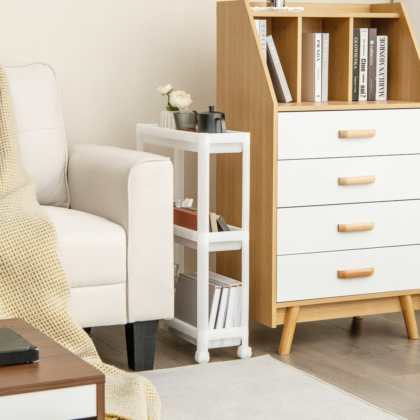 Set of 2 Slim 3-Tier Rolling Storage Carts with Detachable Shelves and Drainage Holes