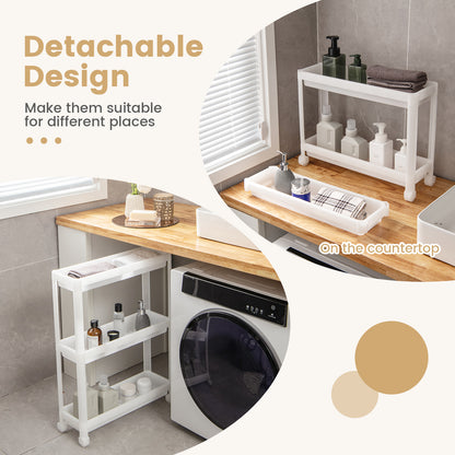 Set of 2 Slim 3-Tier Rolling Storage Carts with Detachable Shelves and Drainage Holes