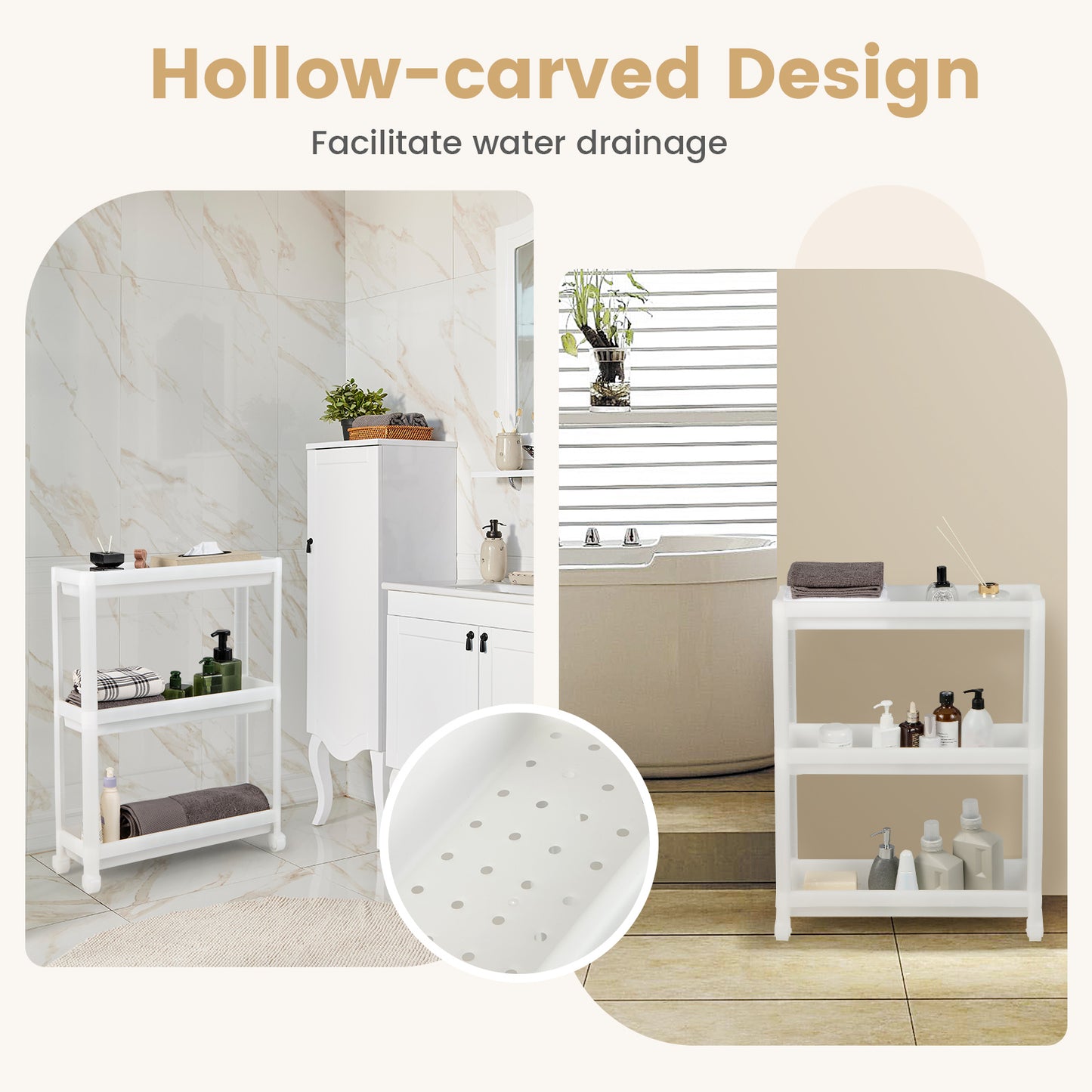 Set of 2 Slim 3-Tier Rolling Storage Carts with Detachable Shelves and Drainage Holes