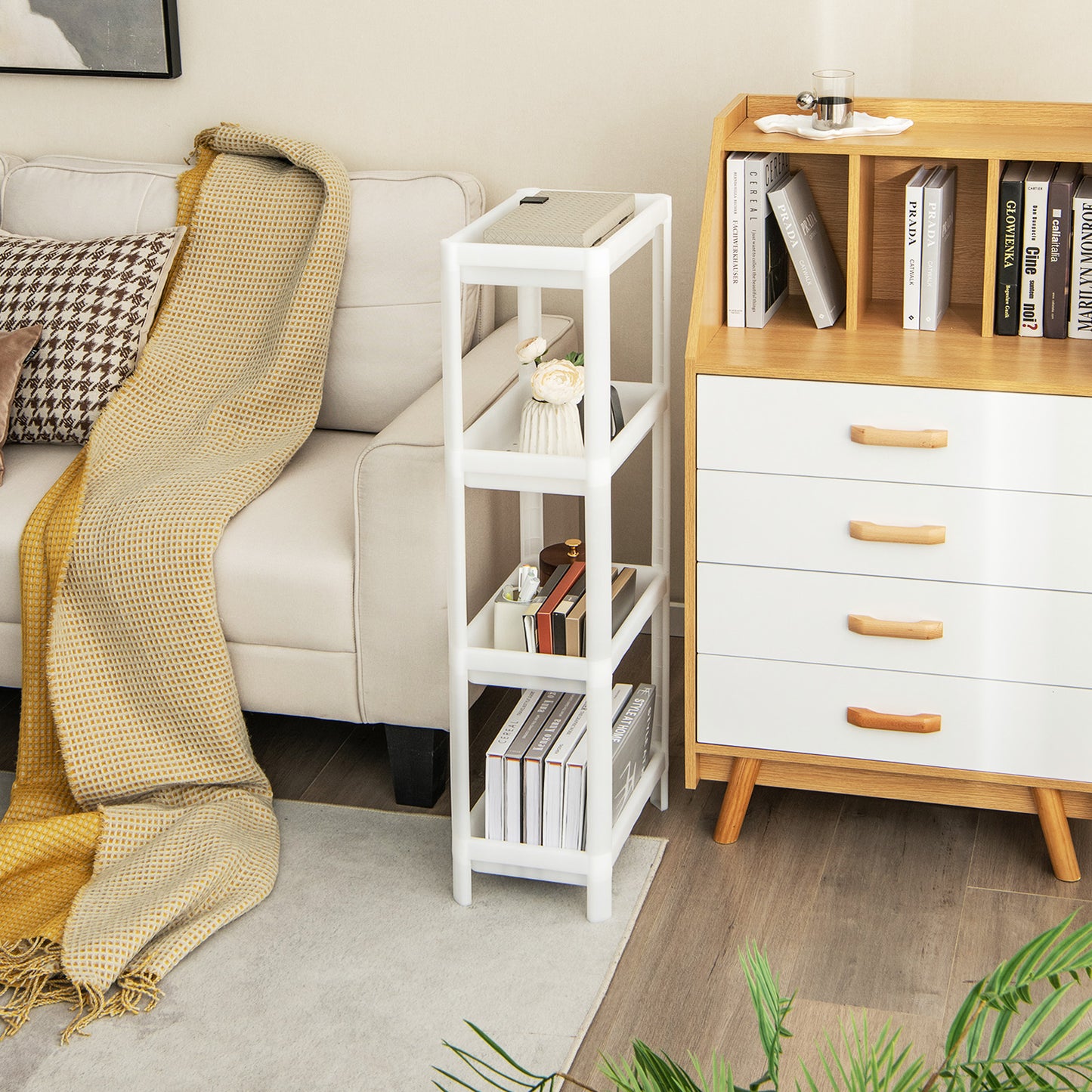 Set of 2 Slim Rolling Storage Carts with 4 Tier Adjustable Shelves and Drainage