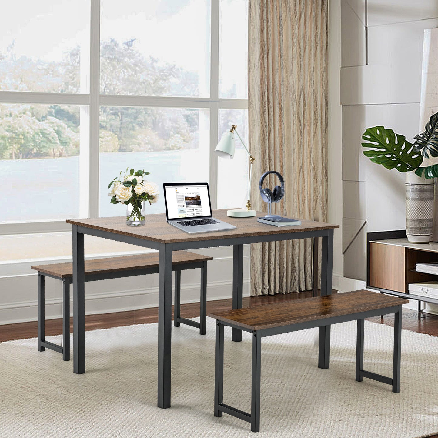 3 Piece Dining Table Set with Wood Table and Benches for Kitchen or Dining Room - Brown