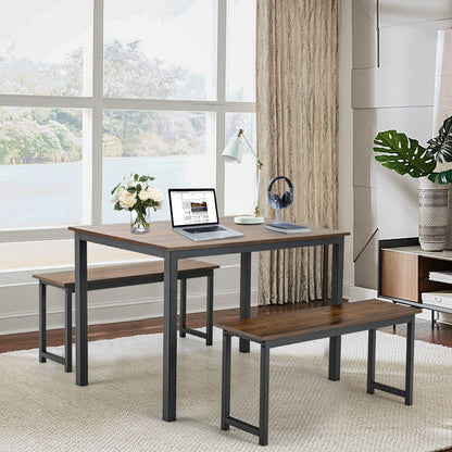 3 Piece Dining Table Set with Wood Table and Benches for Kitchen or Dining Room - Brown