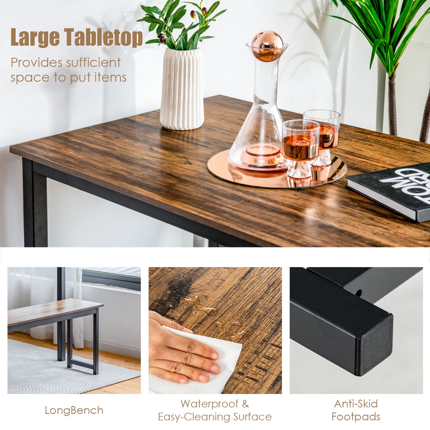 3 Piece Dining Table Set with Wood Table and Benches for Kitchen or Dining Room - Brown